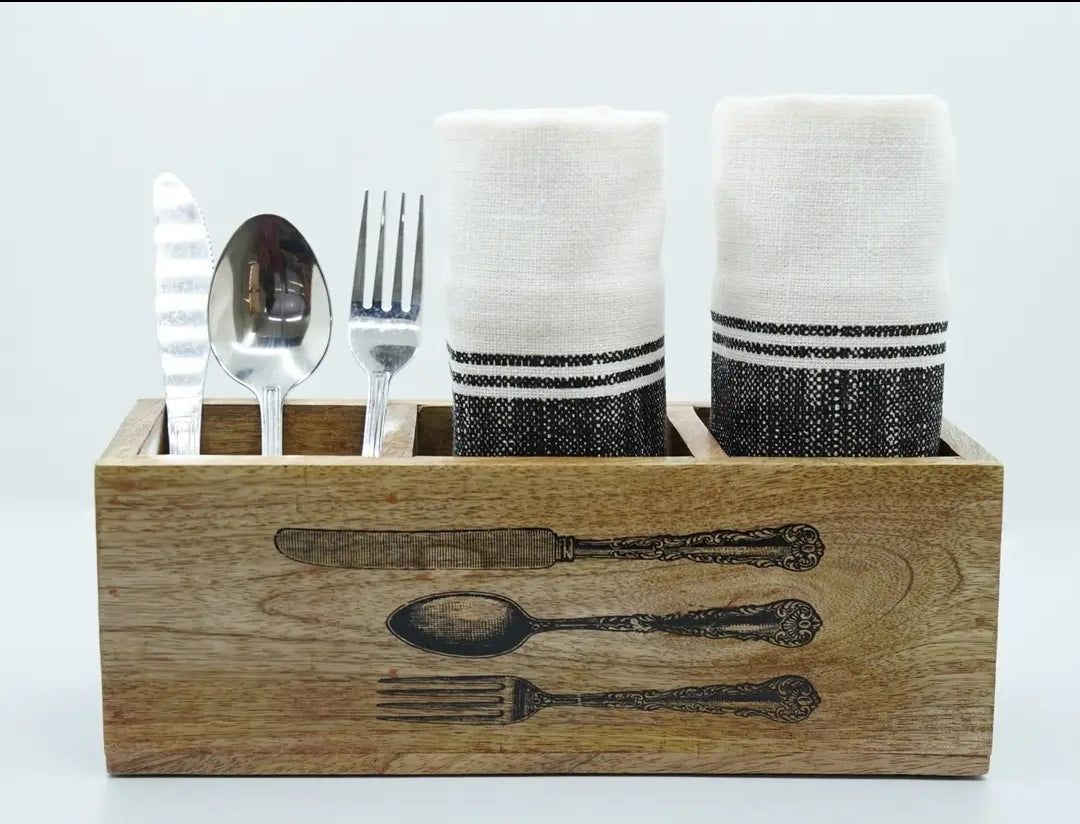 Gift Set- Set of 2 Kitchen Towels & Wooden Cutlery Holder