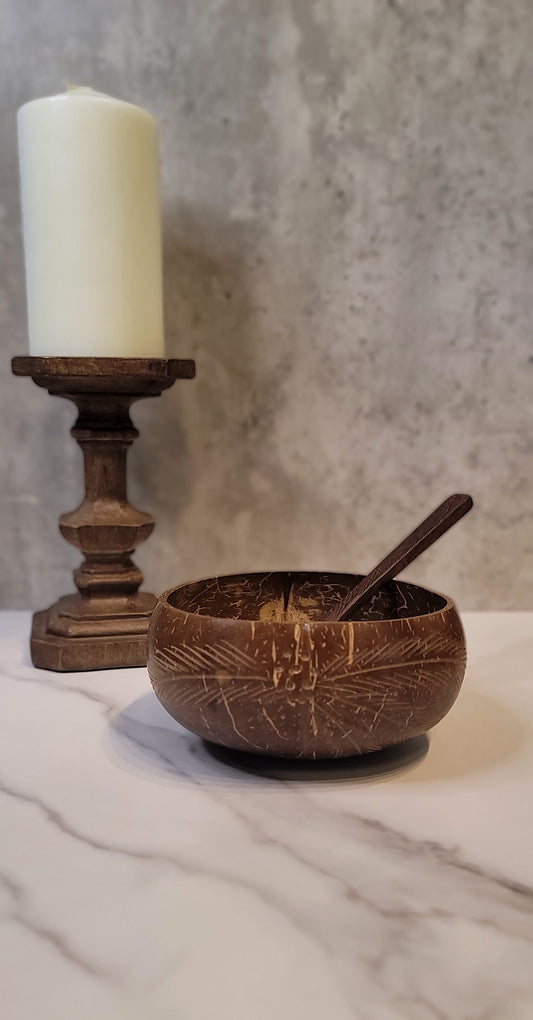 Leaf Print Coconut Bowl with Spoon