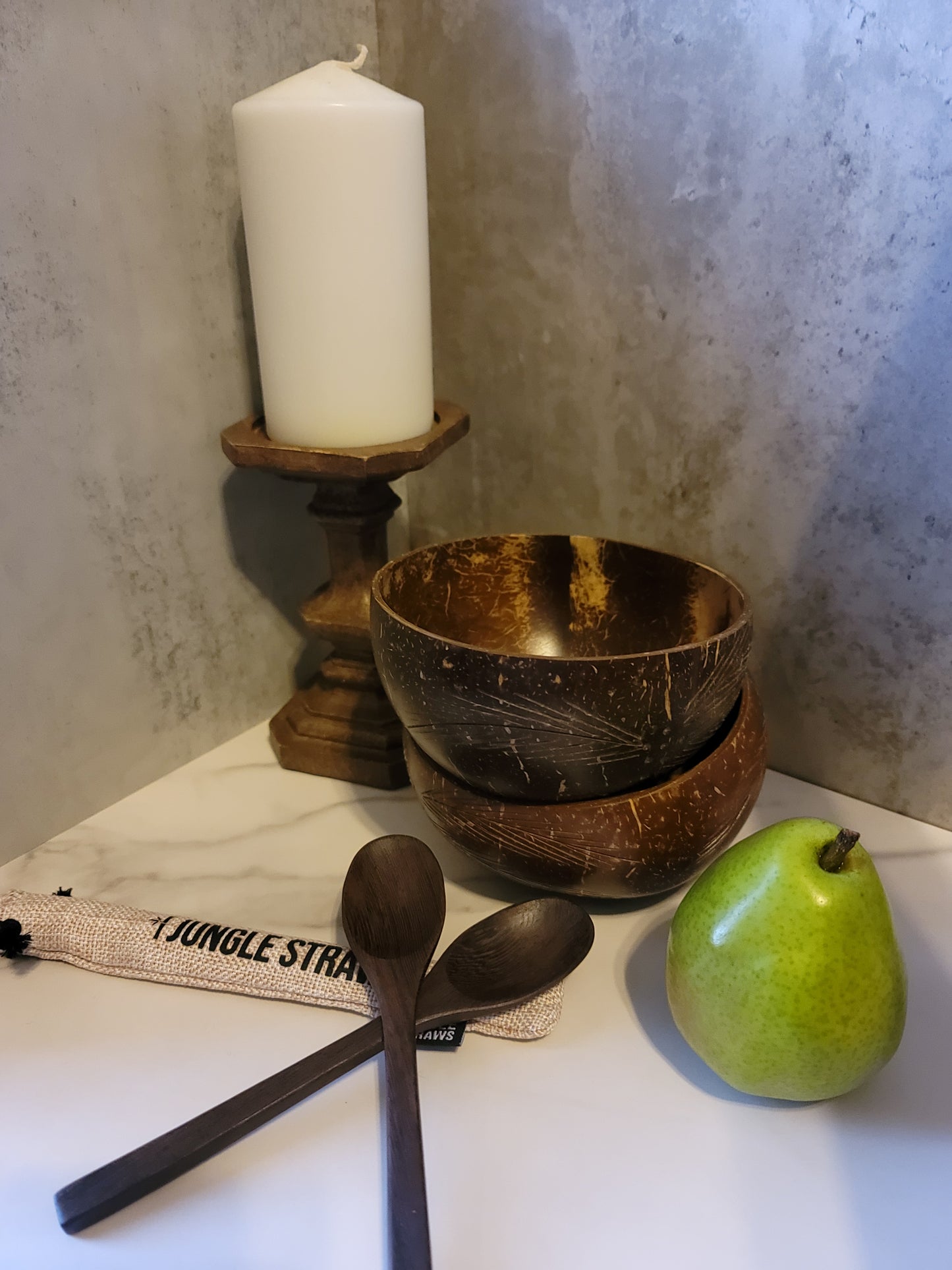 Leaf Print Coconut Bowl Set of 2 with Spoons and bonus Straw